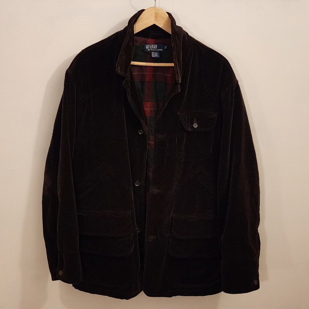 Polo Ralph Lauren Brown Corduroy Hunting Jacket Sport Men Sz Large Pockets Plaid